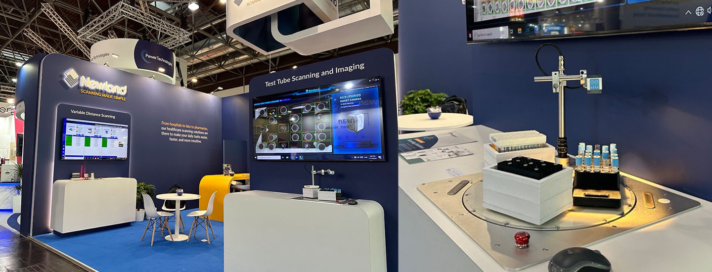 Image of Newland EMEA booth and a closeup of the IVD barcode scanner for medical instruments.